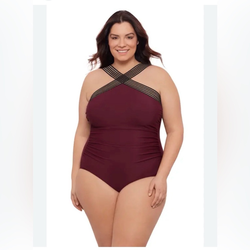 Aqua Green Burgundy Cross-Strap One Piece swimsuit 2X